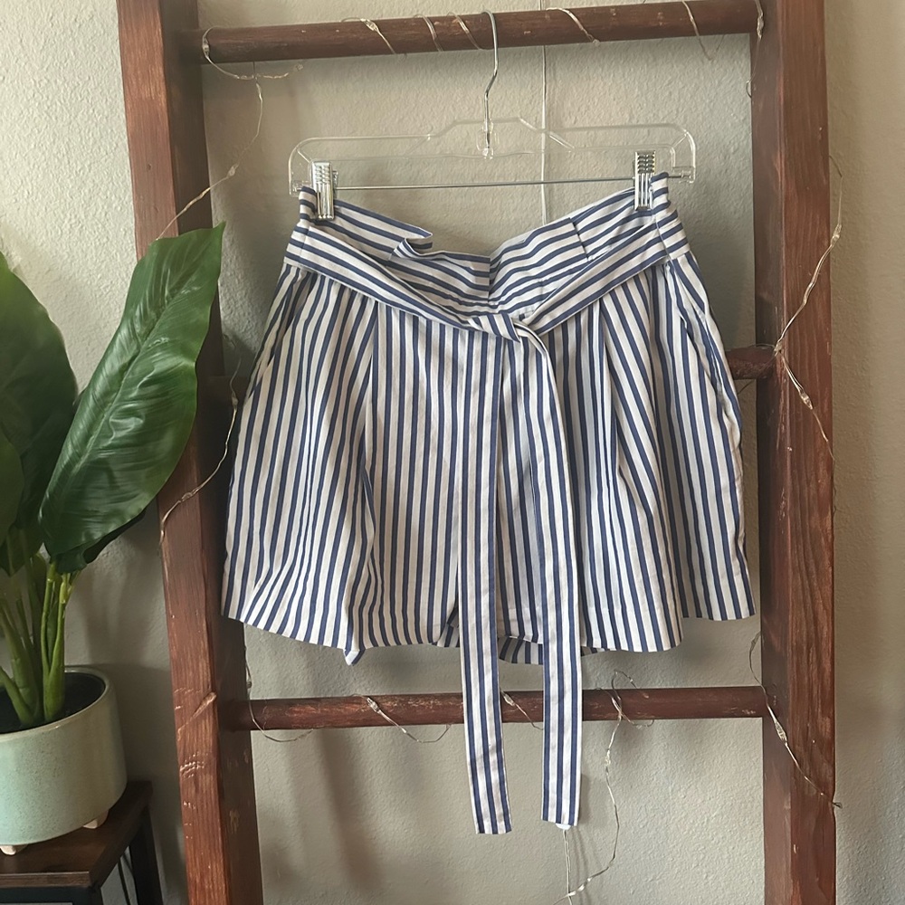 RESERVED - Blue & White Striped Shorts with Tie Waist Belt